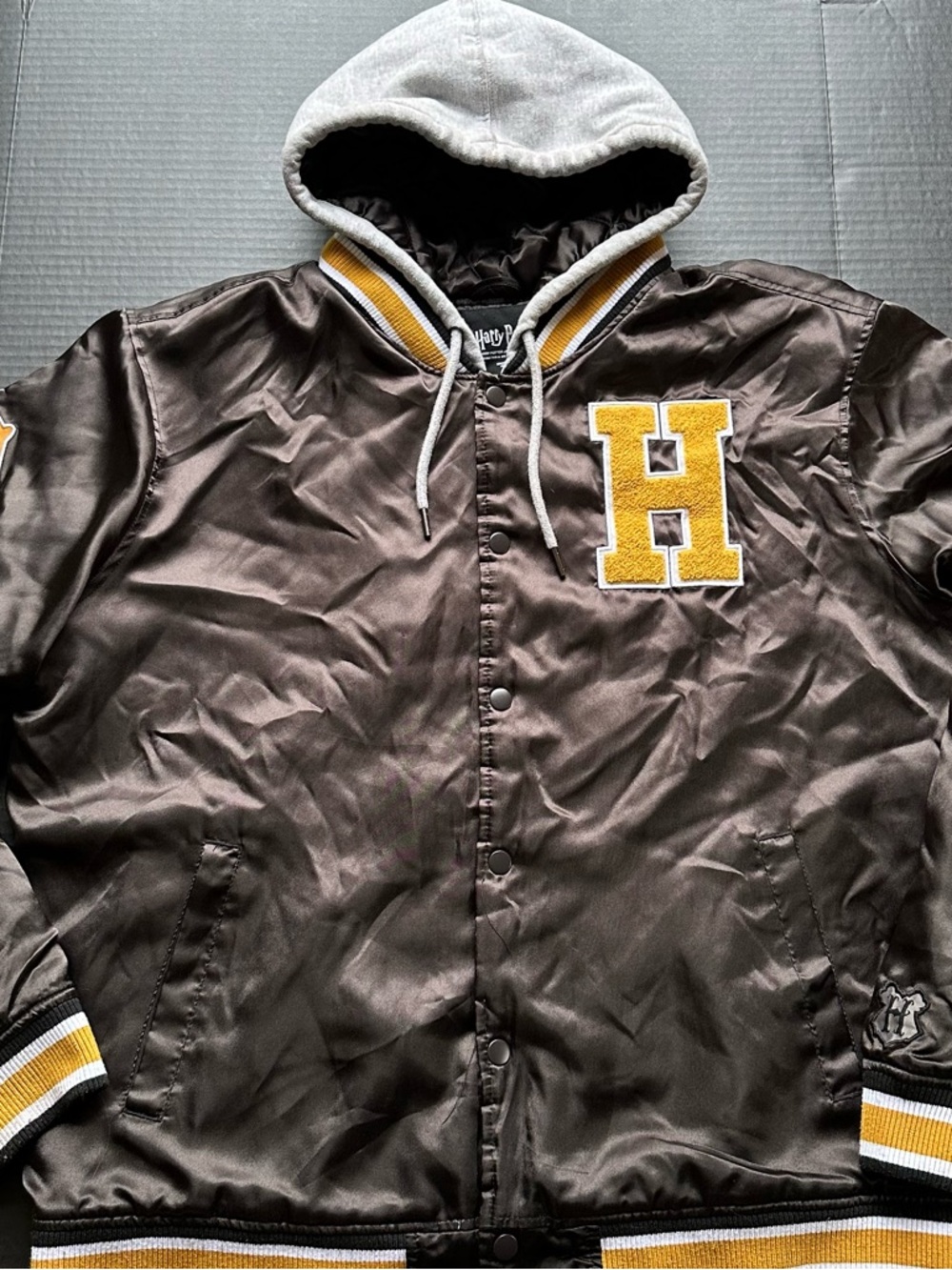 Harry Potter Black Satin Bomber Jacket with Gray Hood size XL